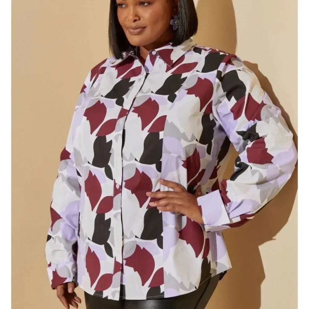 NWT Ashley Stewart Button Up Blouse Top Plus 34W Lavender & Grey Floral Shirt
